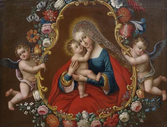 María con el niño (Tipo María Auxiliadora según Cranach), enmarcada por una guirnalda de flores llevada por ángeles